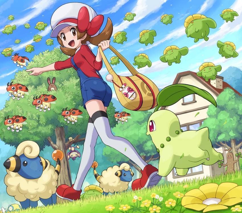 lyra, chikorita, sentret, mareep, aipom, and 4 more (pokemon and 1 more) drawn by pokemoa