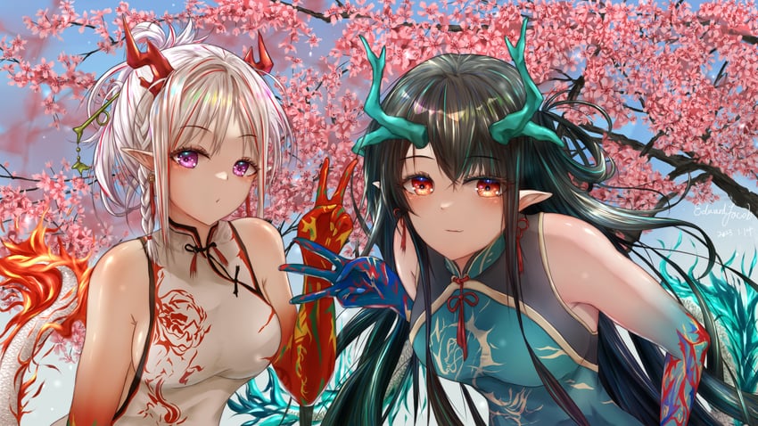 dusk and nian (arknights) drawn by edward-jacob_(pixiv_17991780)