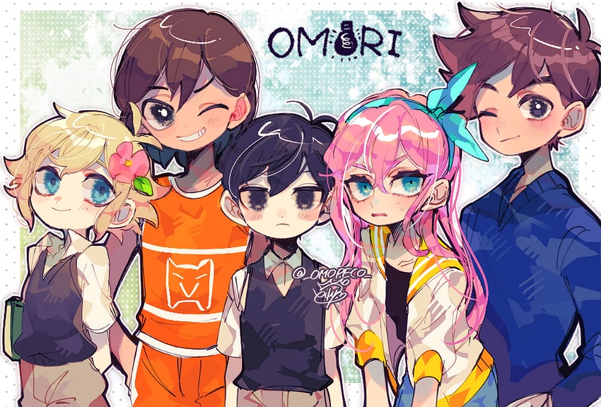 sunny, basil, aubrey, kel, and hero (omori) drawn by repikinoko