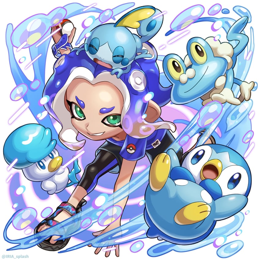 octoling player character, octoling girl, piplup, sobble, quaxly, and 1 more (pokemon and 2 more) drawn by iria_(yumeirokingyo)