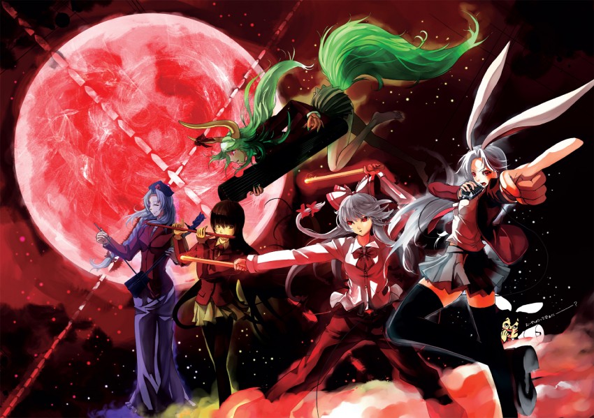reisen udongein inaba, fujiwara no mokou, kamishirasawa keine, houraisan kaguya, inaba tewi, and 2 more (touhou and 1 more) drawn by i'ne
