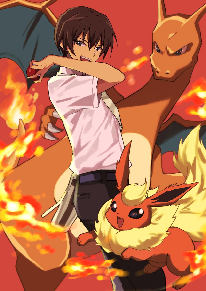 charizard, flareon, and maebara keiichi (pokemon and 1 more) drawn by ponpon_nun