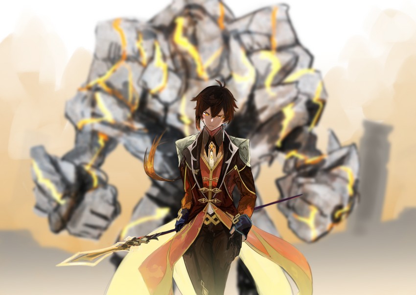 zhongli, hilichurl, and lawachurl (genshin impact) drawn by gyoukan_(jfxc)