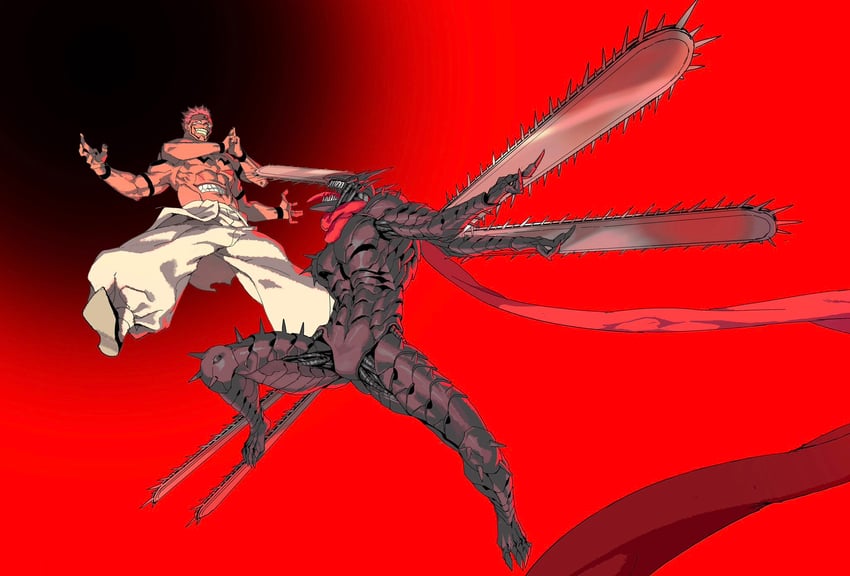 ryoumen sukuna and chainsaw devil (chainsaw man and 1 more) drawn by kanknive