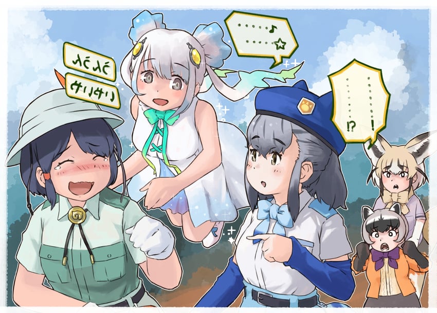 captain, skyfish, hikari, rueppell's fox, and crab-eating raccoon (kemono friends and 1 more) drawn by toriny