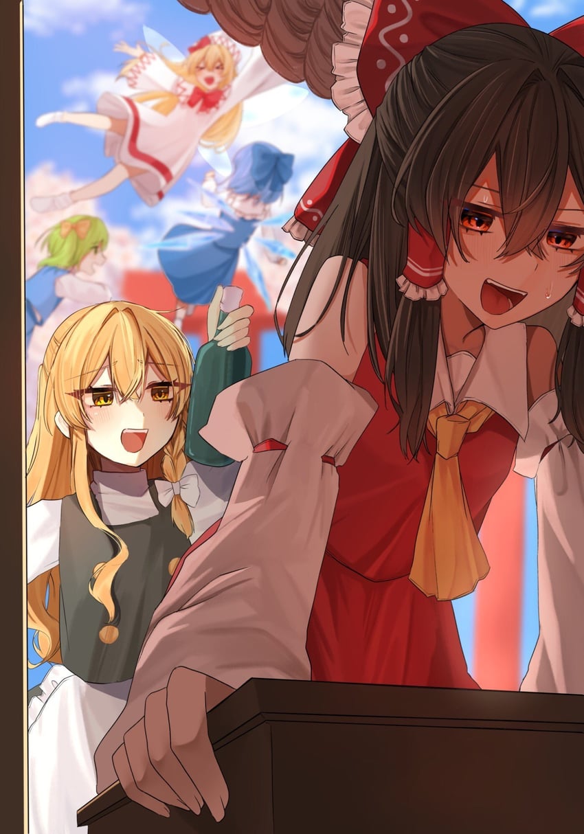 hakurei reimu, kirisame marisa, cirno, daiyousei, and lily white (touhou) drawn by izumi_no_yasushi_aya