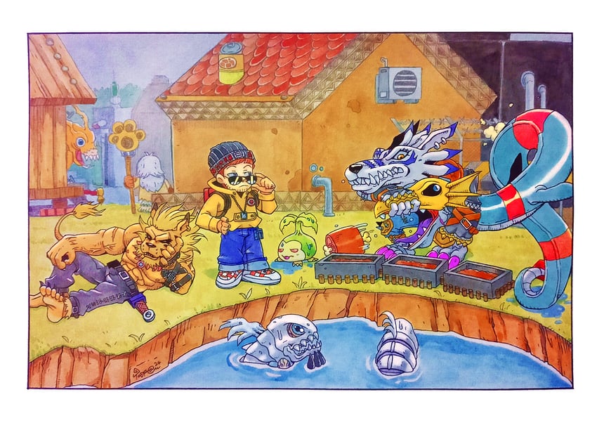 tanemon, weregarurumon, leomon, birdramon, protagonist, and 2 more (digimon and 1 more) drawn by taragraphika