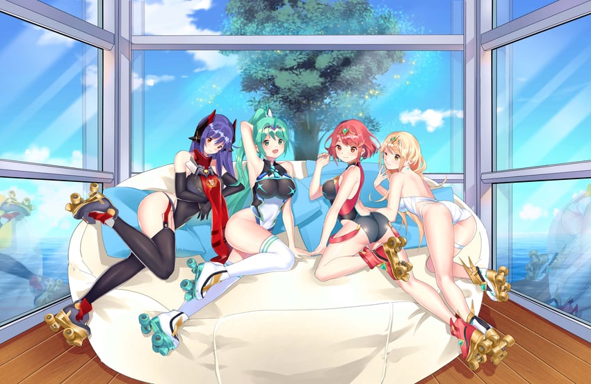 pyra, pneuma, mythra, poppi, and poppi qtpi (xenoblade chronicles and 1 more) drawn by okazakileo