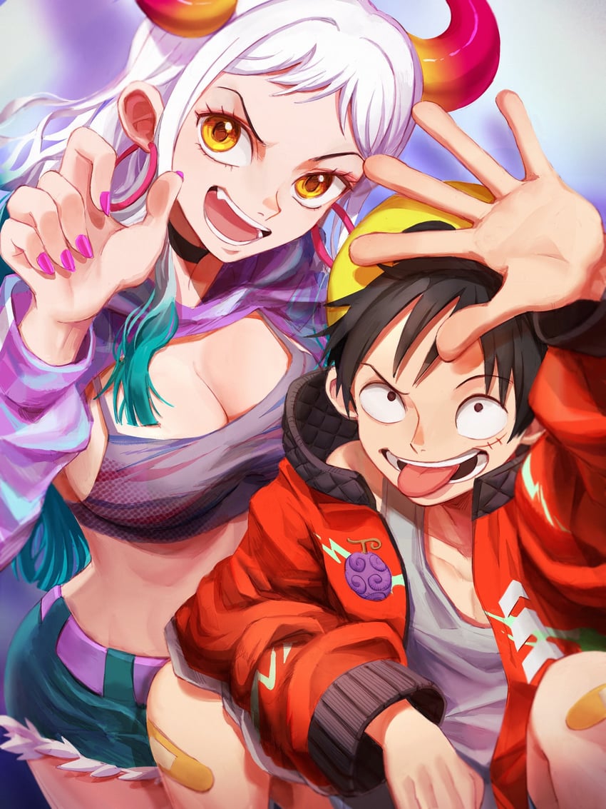 monkey d. luffy and yamato (one piece) drawn by oekakiboya