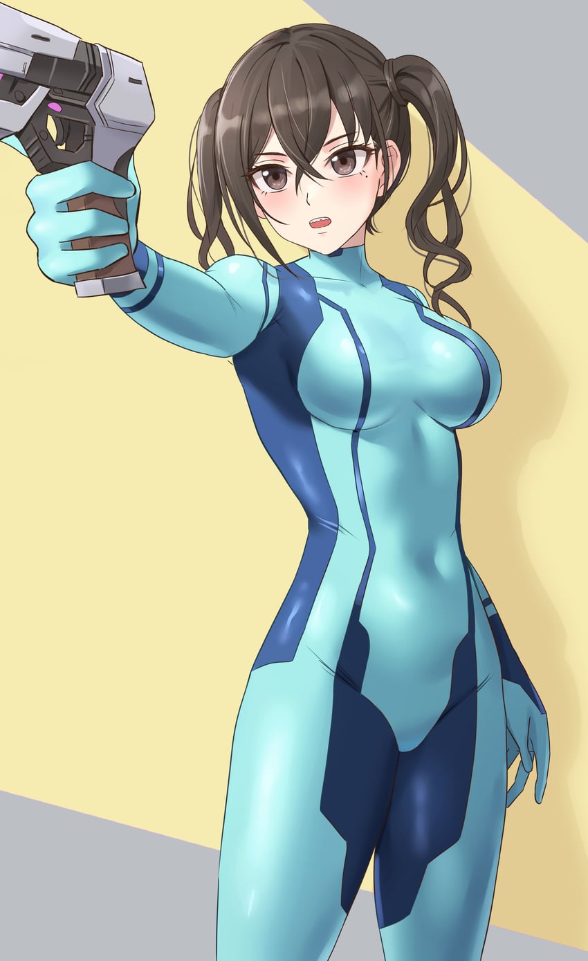 samus aran and sunazuka akira (idolmaster and 2 more) drawn by amayo_thranana