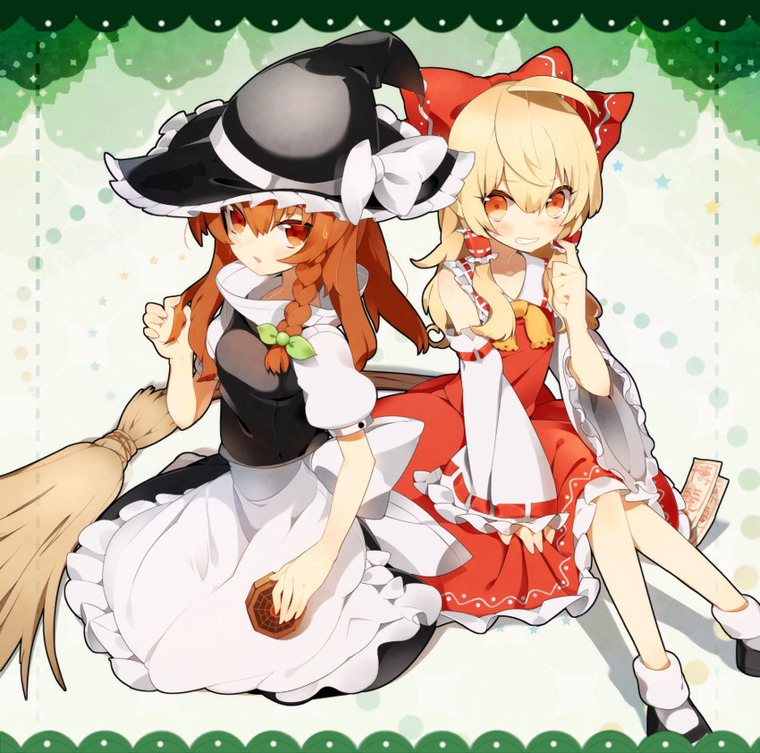 hakurei reimu and kirisame marisa (touhou) drawn by dyumo_(moffri)