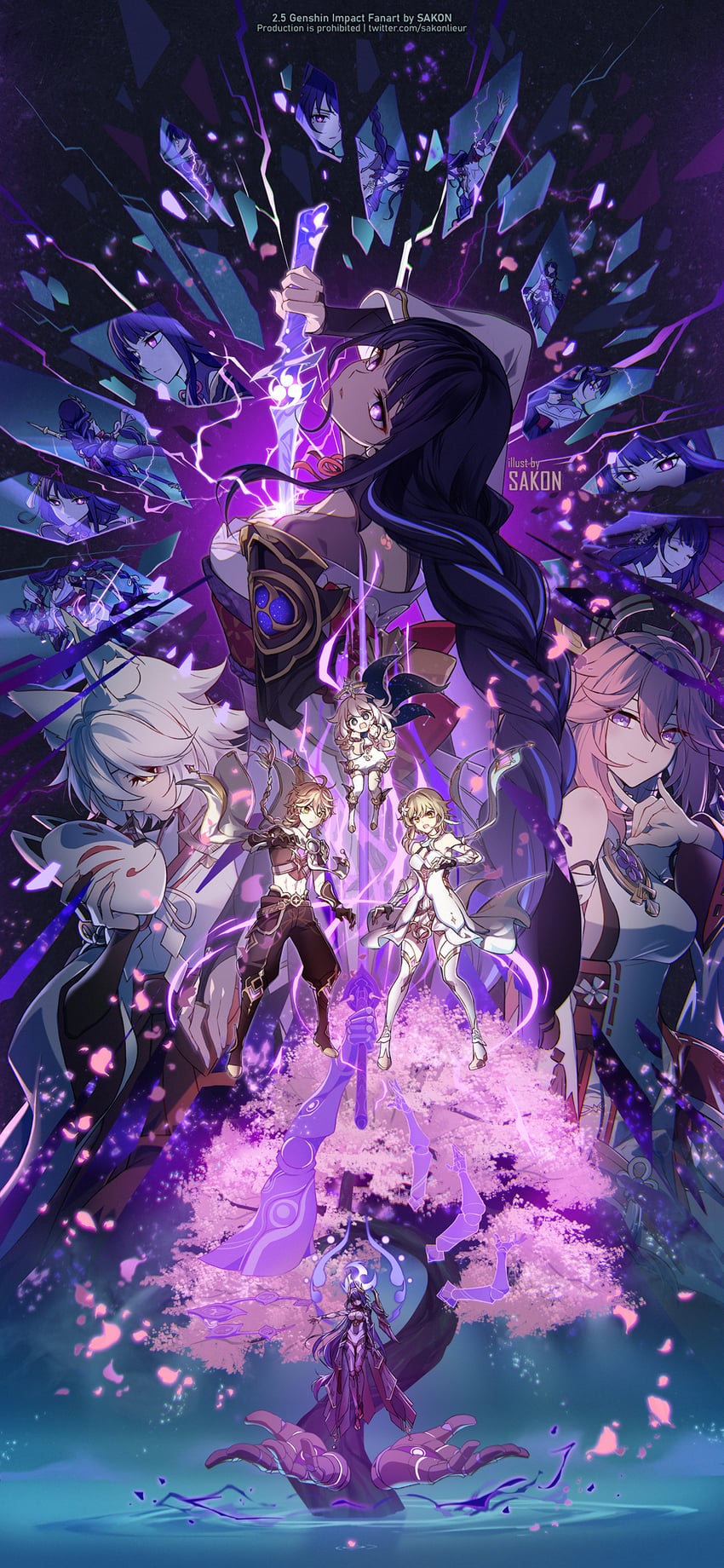 lumine, raiden shogun, yae miko, paimon, and kitsune saiguu (genshin impact) drawn by sakon04