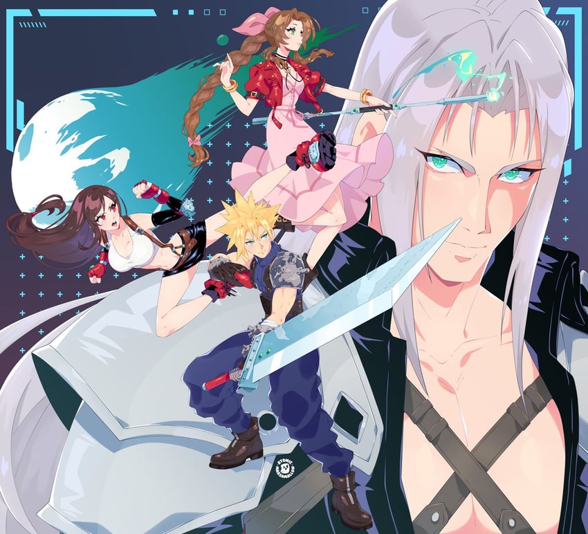 tifa lockhart, cloud strife, aerith gainsborough, and sephiroth (final fantasy and 3 more) drawn by atomicmrshmallw