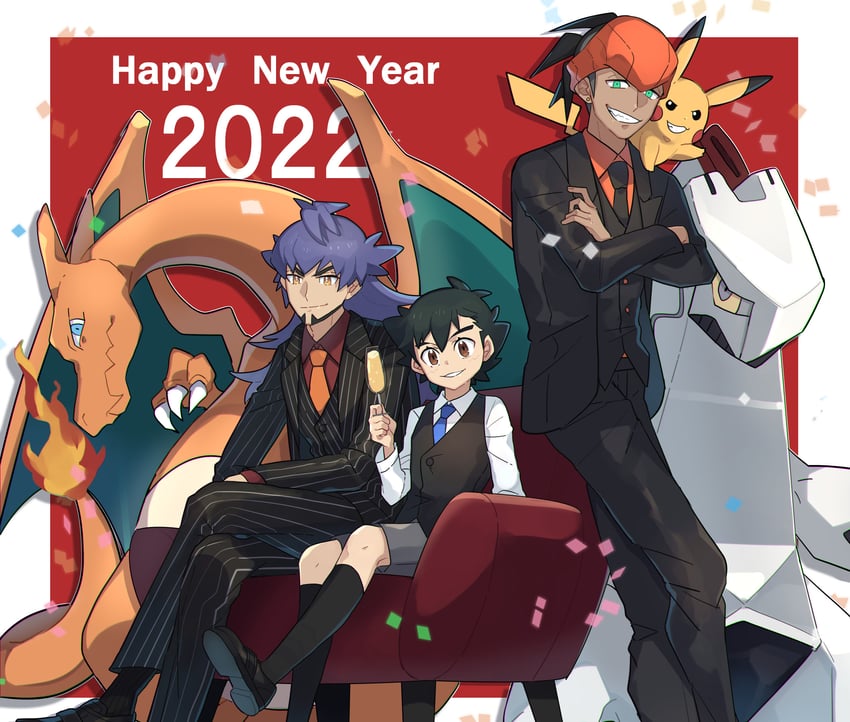 pikachu, ash ketchum, leon, raihan, charizard, and 1 more (pokemon and 1 more) drawn by ou_negi