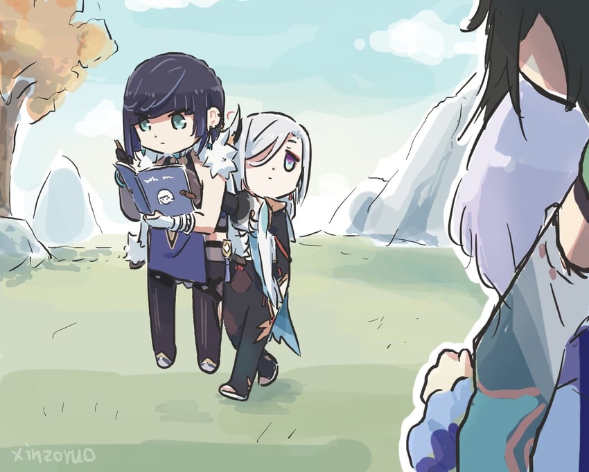 shenhe, xiao, yelan, and qiqi (genshin impact) drawn by xinzoruo