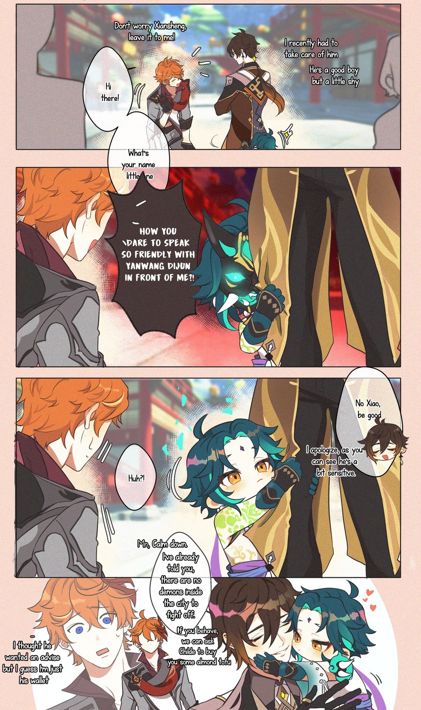zhongli, tartaglia, and xiao (genshin impact) drawn by milaa_chan