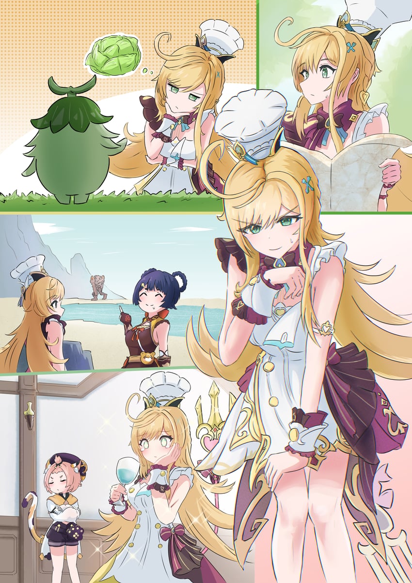 aranara, xiangling, diona, escoffier, and ruin guard (genshin impact) drawn by suguruguru
