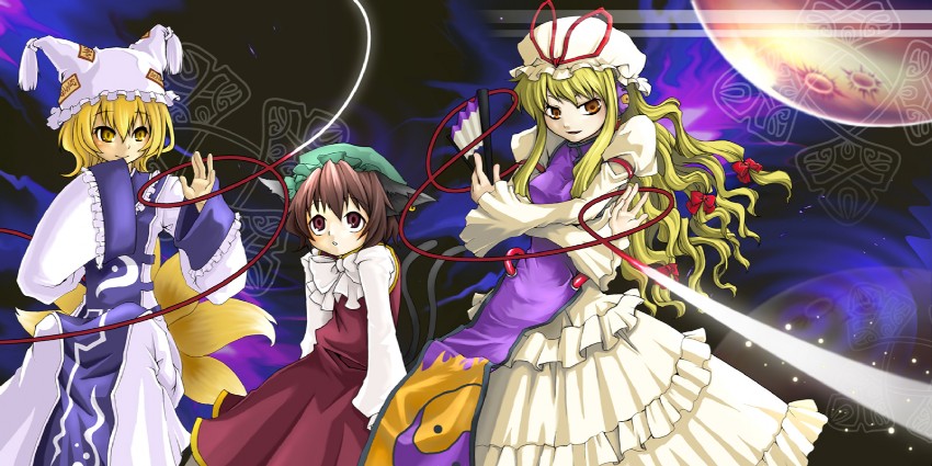yakumo yukari, yakumo ran, and chen (touhou) drawn by potitamaex