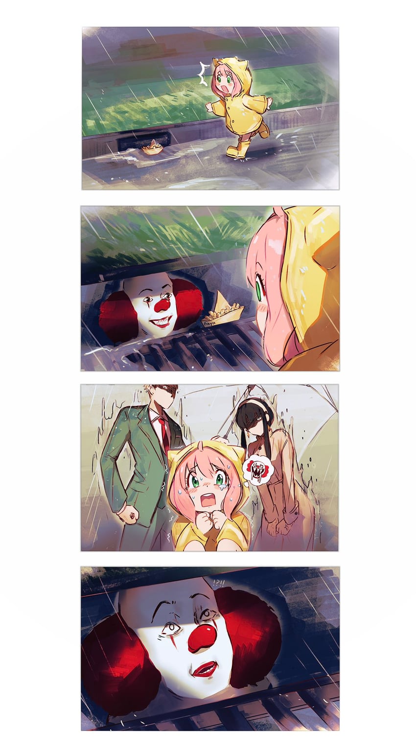yor briar, anya, twilight, pennywise, and georgie denbrough (spy x family and 1 more) drawn by hamachamu