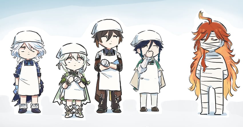 furina, nahida, zhongli, venti, and mavuika (genshin impact) drawn by xinzoruo