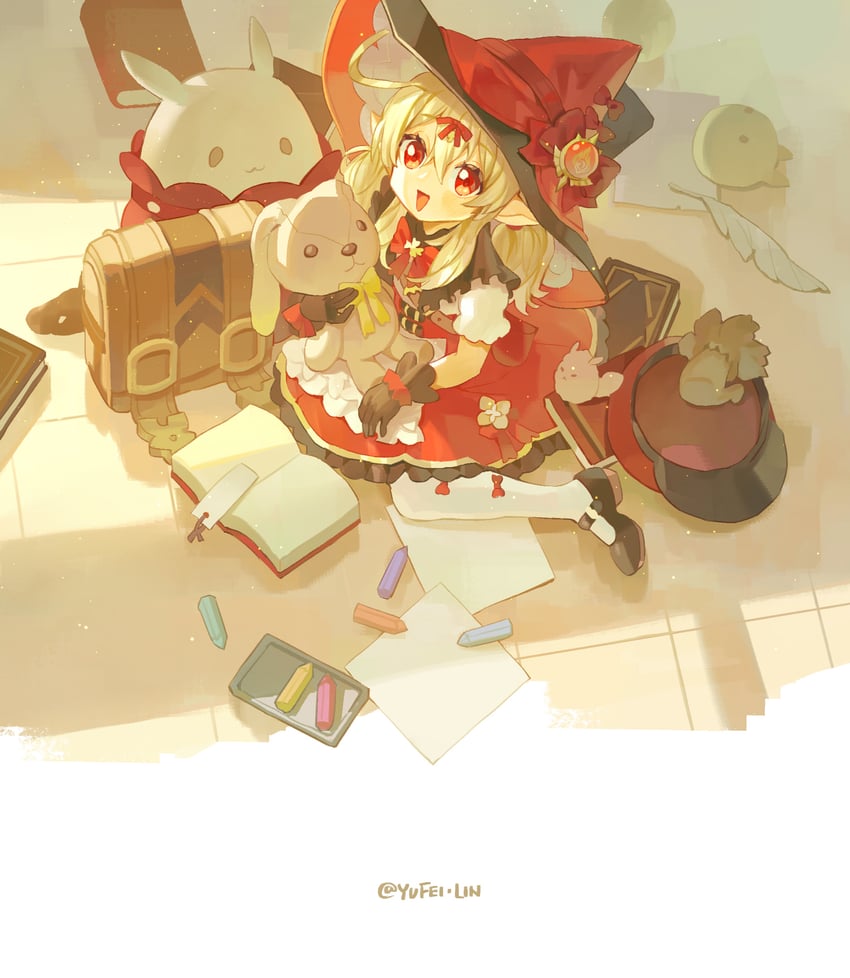 dodoco, jumpy dumpty, and klee (genshin impact) drawn by yufei_lin