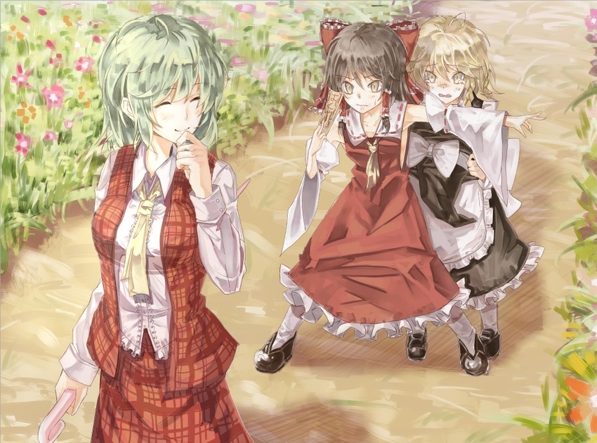 hakurei reimu, kirisame marisa, and kazami yuuka (touhou) drawn by kotarou_(rakugaki_shirushi)