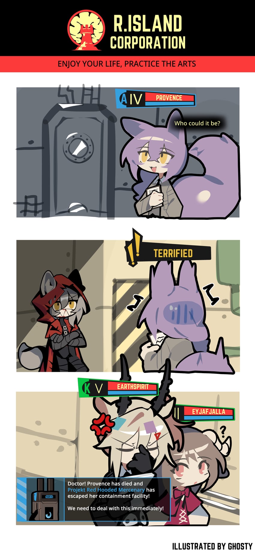 amiya, eyjafjalla, projekt red, provence, little red riding hooded mercenary, and 2 more (arknights and 2 more) drawn by ghost_(tama)