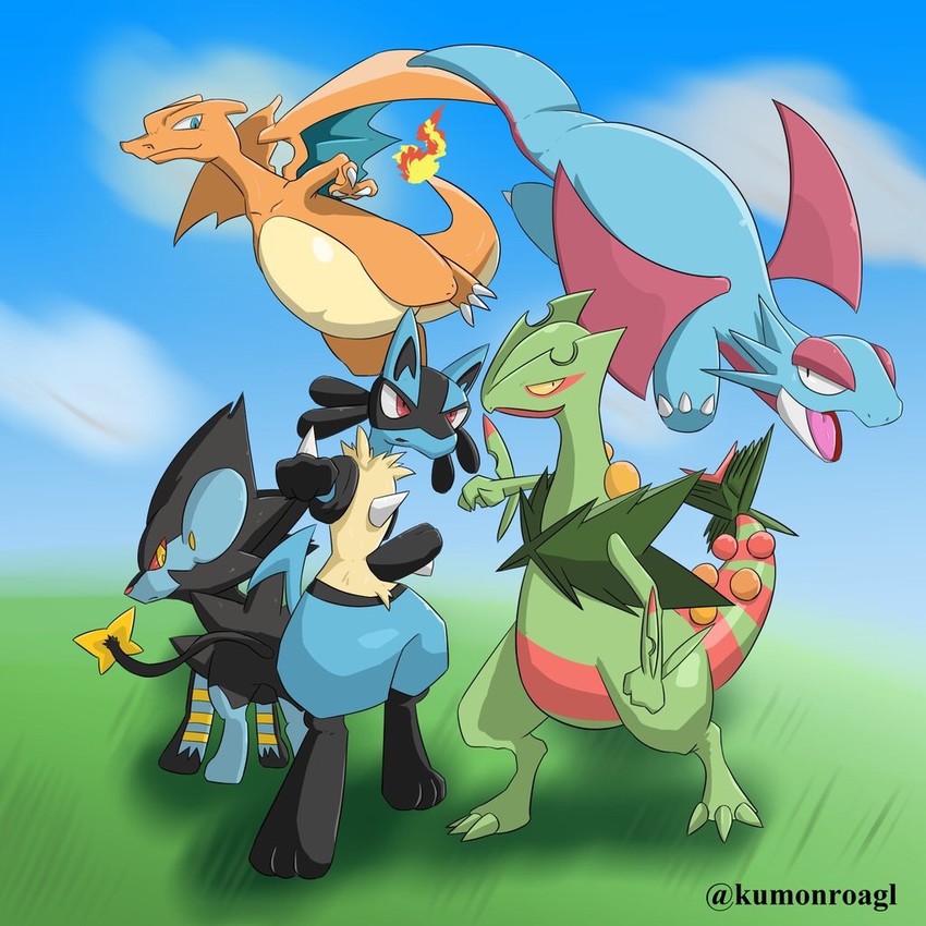 charizard, lucario, luxray, sceptile, salamence, and 1 more (pokemon) drawn by kumonroagl