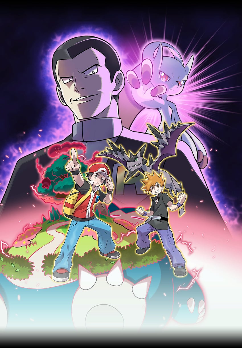 red, blue oak, snorlax, mewtwo, giovanni, and 2 more (pokemon and 3 more)