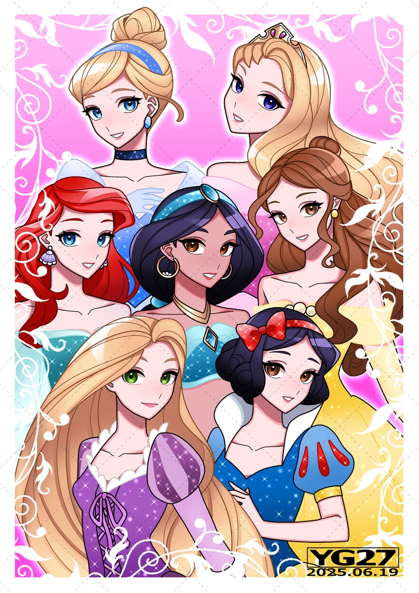 ariel, rapunzel, snow white, jasmine, belle, and 2 more (disney and 7 more) drawn by hasshin_nina