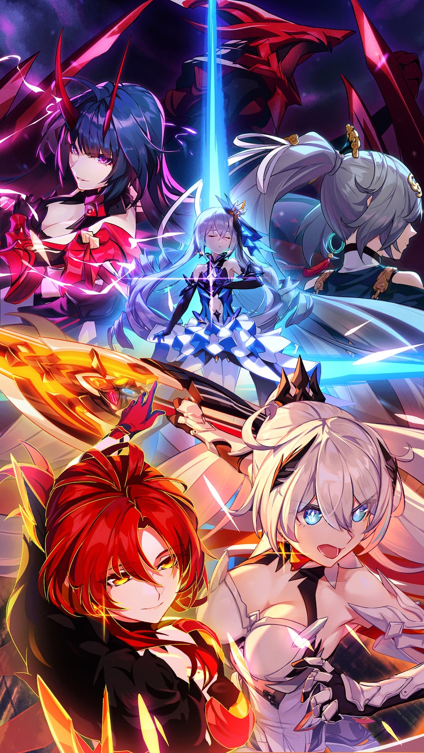 kiana kaslana, raiden mei, fu hua, bronya zaychik, and murata himeko (honkai and 1 more) drawn by iandrea
