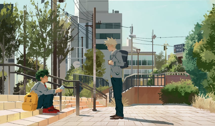midoriya izuku and bakugou katsuki (boku no hero academia) drawn by adrxwberri