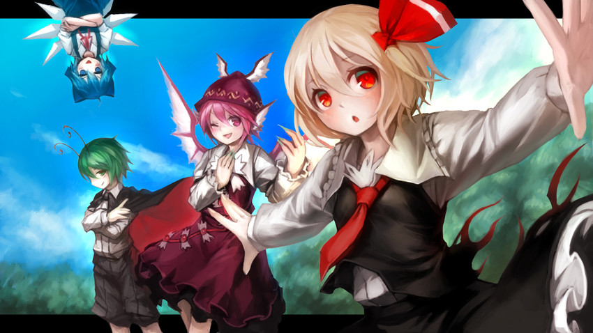 cirno, rumia, mystia lorelei, and wriggle nightbug (touhou) drawn by spark621
