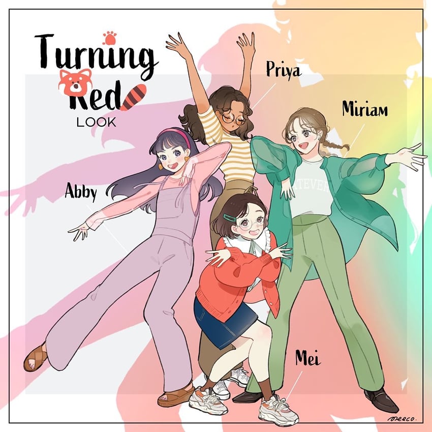 meilin lee, abby, priya, and miriam (turning red) drawn by meecosme