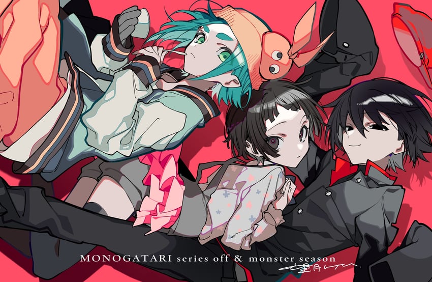sengoku nadeko, oshino ougi, and ononoki yotsugi (monogatari) drawn by mochizuki_kei