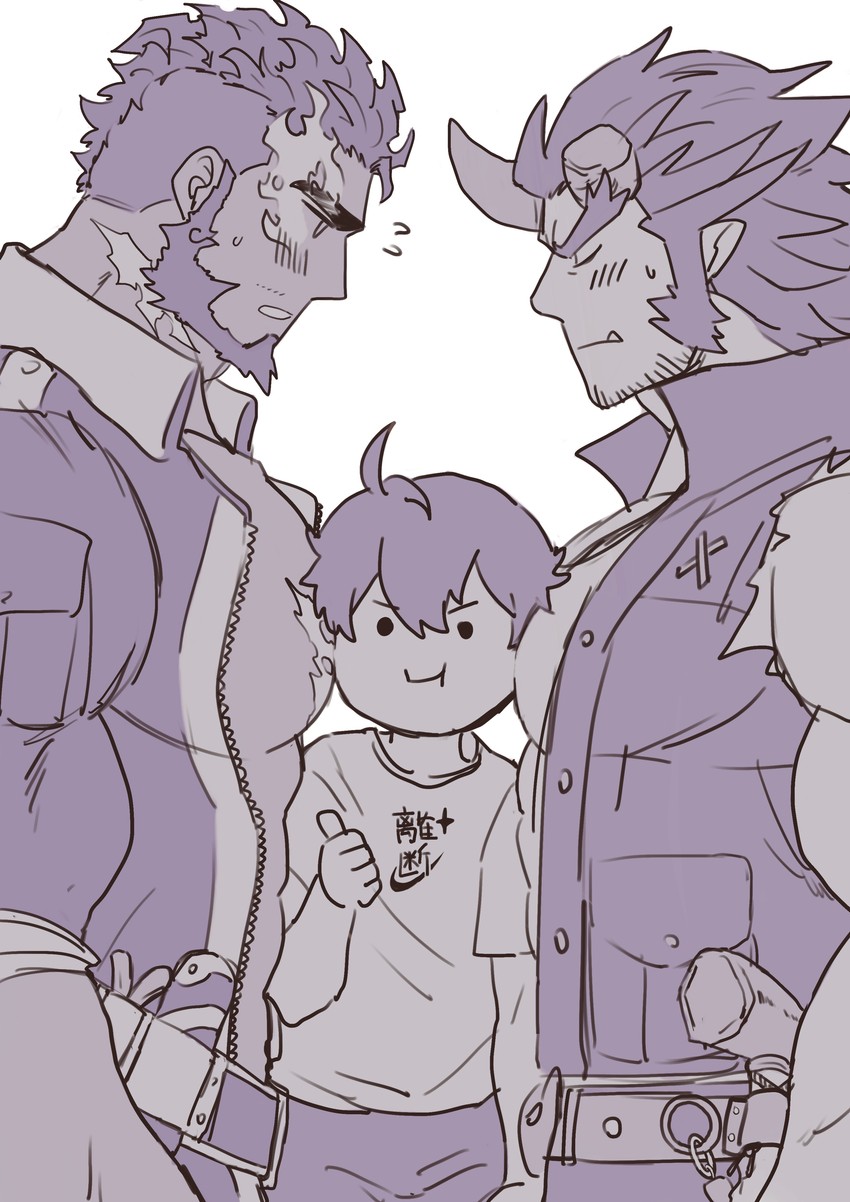 takemaru, protagonist 4, and hephaestus (tokyo afterschool summoners) drawn by 1hao_(@cerbero64)