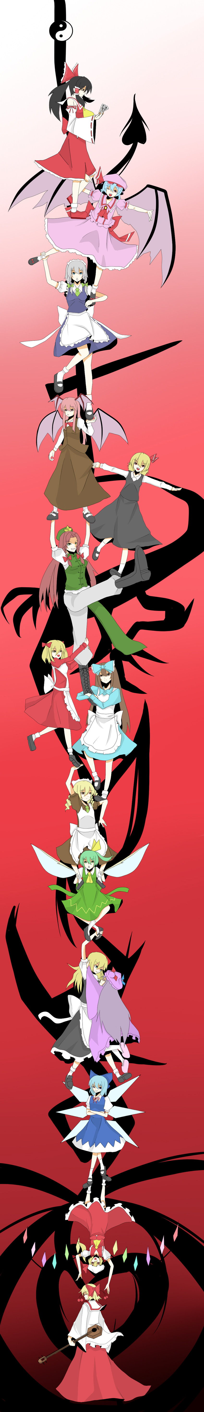 hakurei reimu, kirisame marisa, remilia scarlet, flandre scarlet, izayoi sakuya, and 10 more (touhou and 2 more) drawn by amare_osu