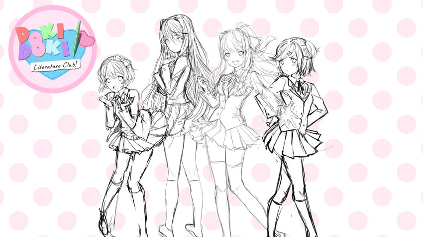 monika, natsuki, yuri, and sayori (doki doki literature club) drawn by satchely