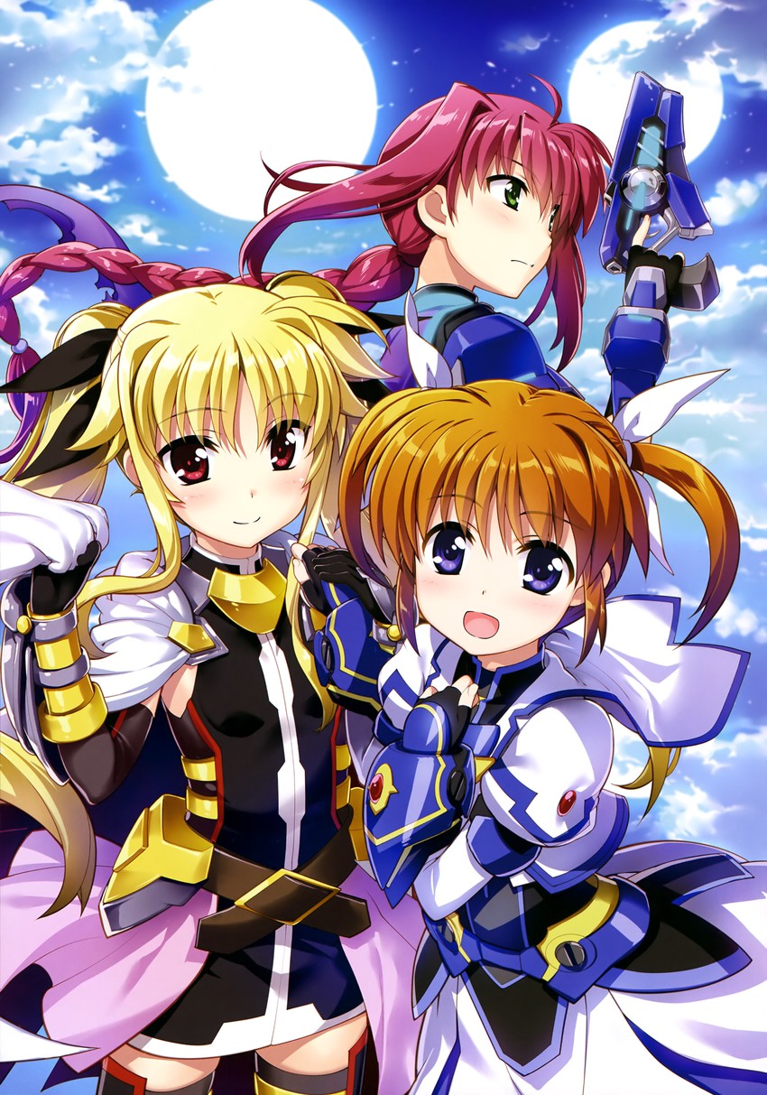 fate testarossa, takamachi nanoha, amitie florian, and variant zapper (lyrical nanoha and 1 more) drawn by fujima_takuya