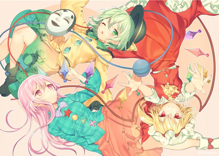 flandre scarlet, komeiji koishi, and hata no kokoro (touhou) drawn by kikugetsu