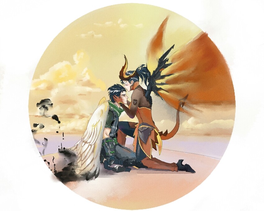 mercy, genji, devil mercy, and sparrow genji (overwatch and 1 more) drawn by xiao_qigai_luoke