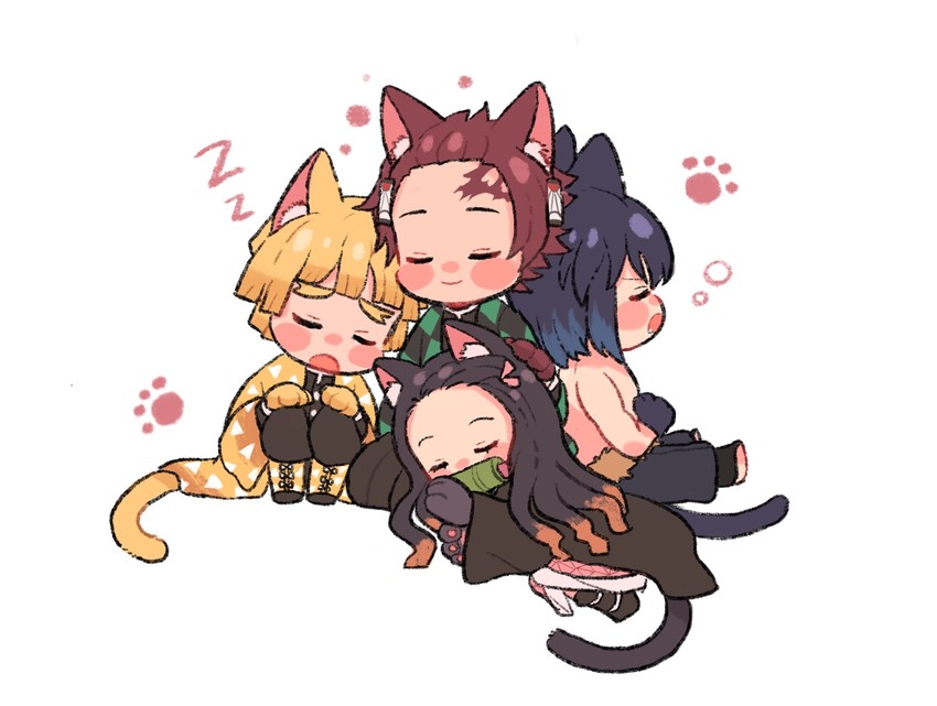 kamado nezuko, kamado tanjirou, agatsuma zenitsu, and hashibira inosuke (kimetsu no yaiba) drawn by mirugi