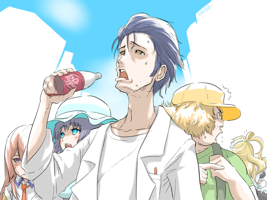 minami kotori, makise kurisu, okabe rintarou, shiina mayuri, and hashida itaru (love live! and 2 more) drawn by get9