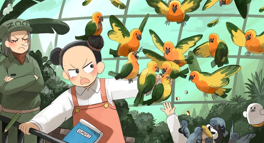 penguin keeper, survey girl, and toucan keeper (zookeepers) drawn by diva_(hyxpk)