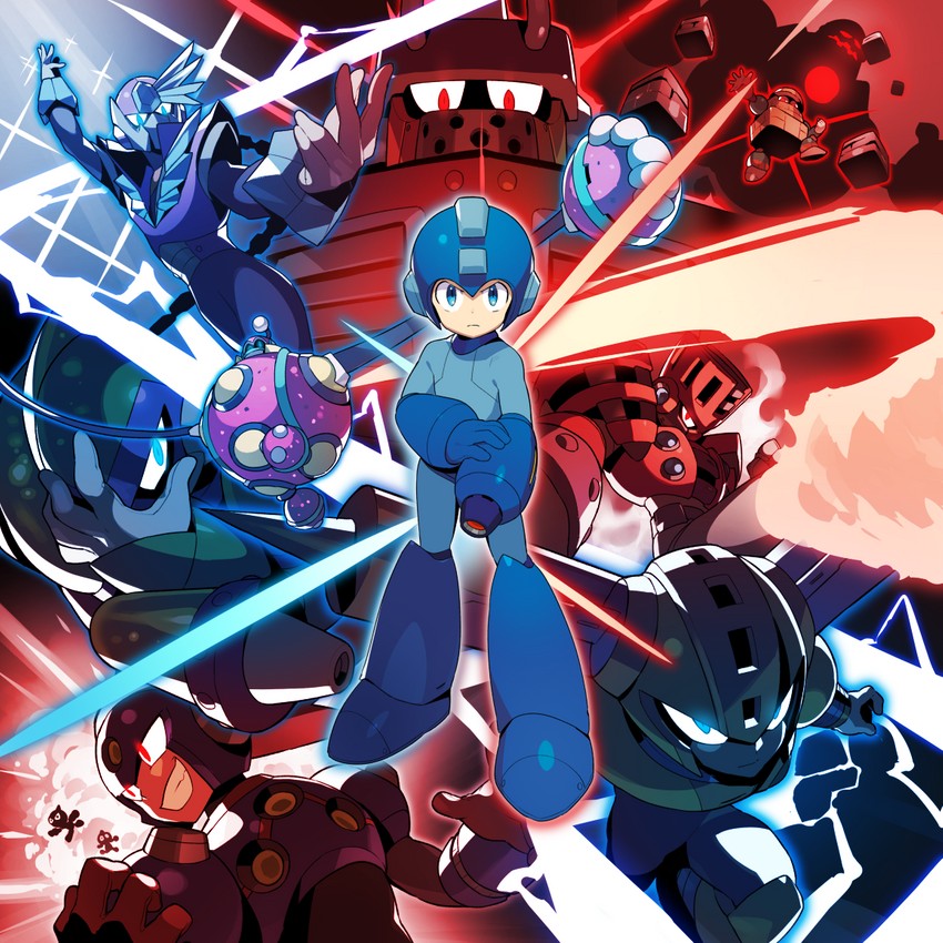 mega man, fuse man, tundra man, block man, torch man, and 4 more (mega man and 1 more) drawn by kin_niku