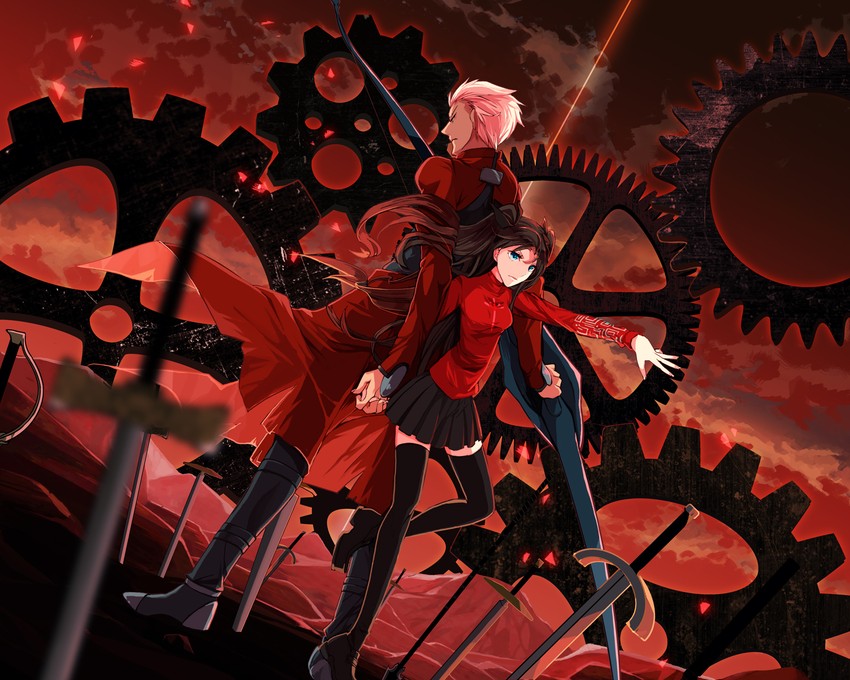 tohsaka rin and archer (fate and 1 more) drawn by peko_(opal)
