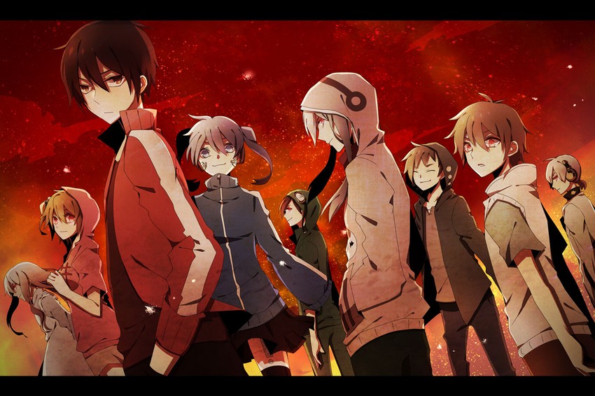kozakura marry, kisaragi shintarou, kido tsubomi, ene, kano shuuya, and 4 more (vocaloid and 1 more) drawn by noru_(lila2)