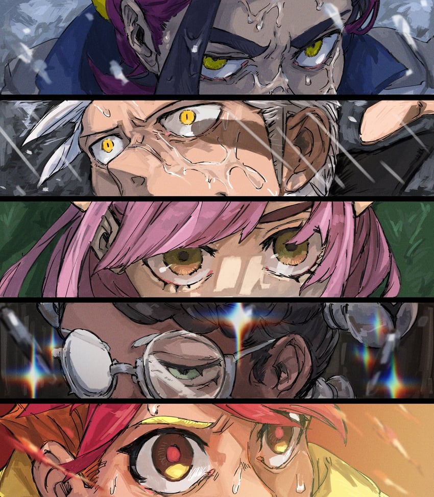 kieran, lacey, drayton, crispin, and amarys (pokemon and 1 more) drawn by tskt_clmns