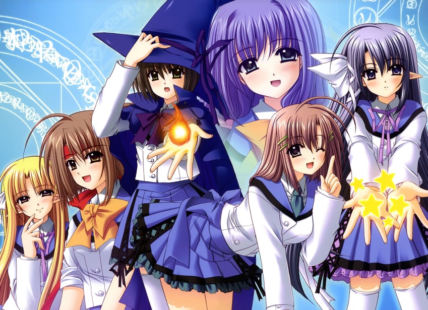 freyjalt fall, cleenex tissue, varuna riel, kannagi sayuka, and ellyeir pulp (judgement chime) drawn by nishimata_aoi
