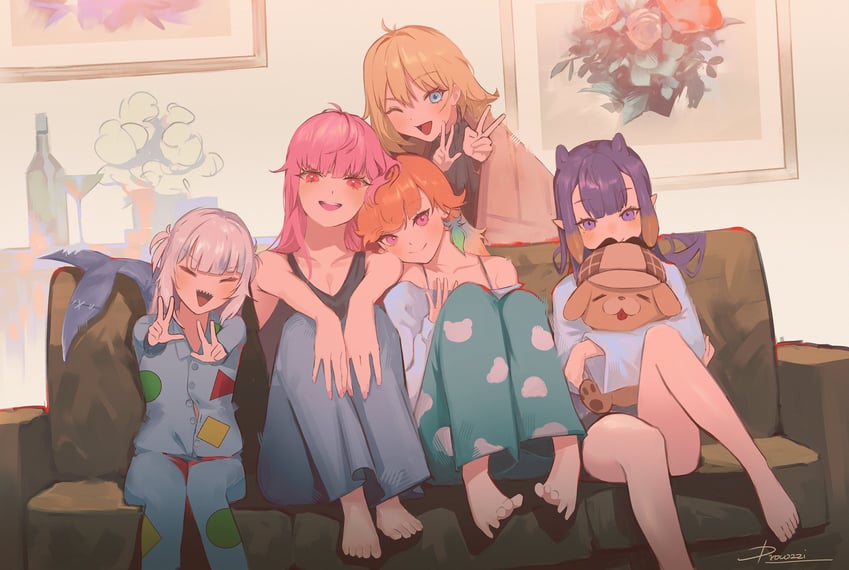 gawr gura, mori calliope, ninomae ina'nis, takanashi kiara, watson amelia, and 1 more (hololive and 1 more) drawn by drowzzi